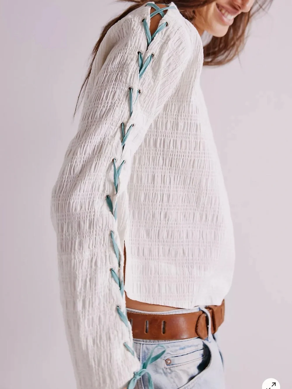 Free People White Lace-Up Sleeve Top with Teal Ties